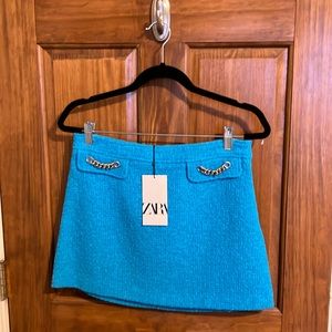 NWT Zara Blue Mini Skirt with Gold Chains